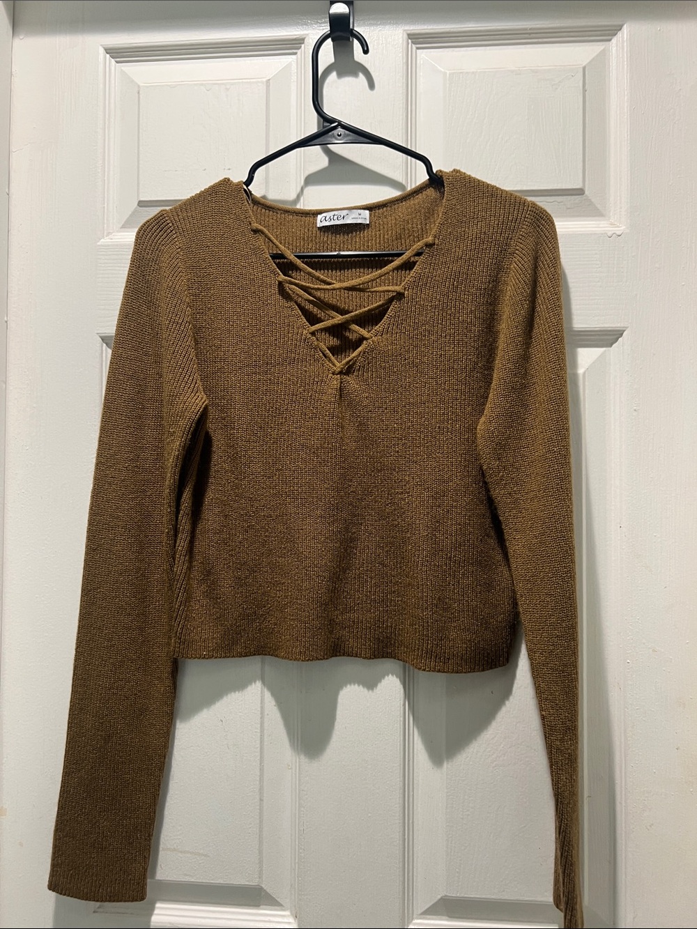 Women’s Lace-Up V-Neck Brown Sweater by Aster